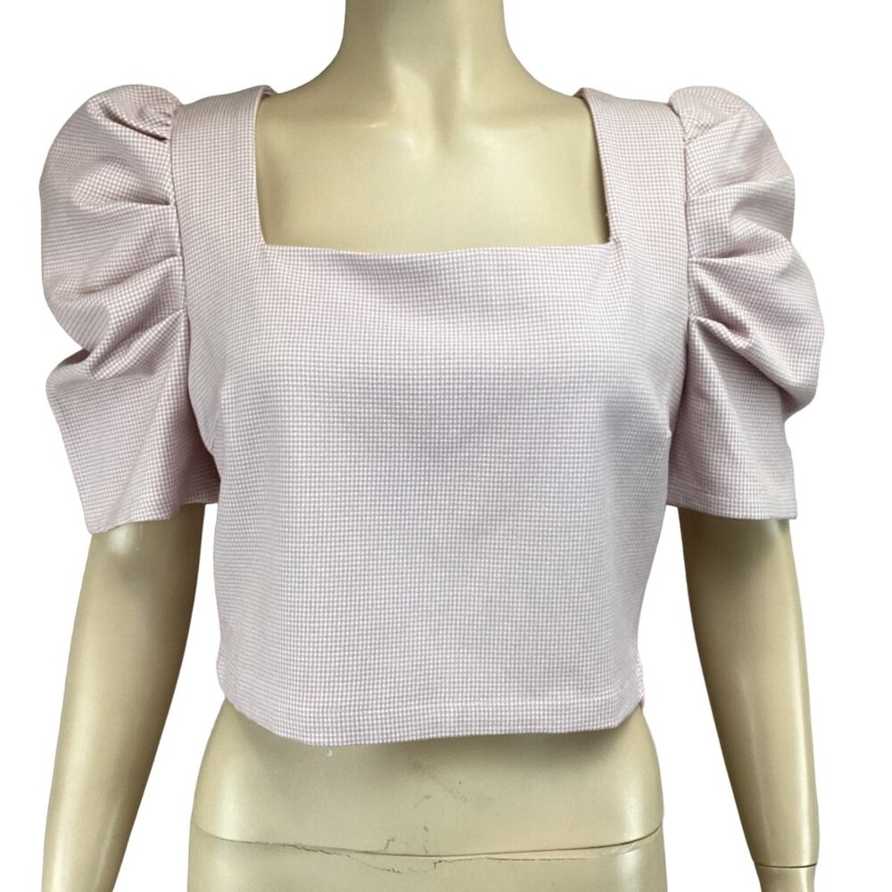 TCEC Crop Top‎ Size Large NWT Puff Sleeve Houndstooth Square Neck Pink